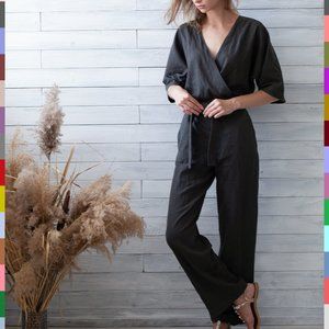 Linocolore Small 100% Linen Jumpsuit Dark Gray